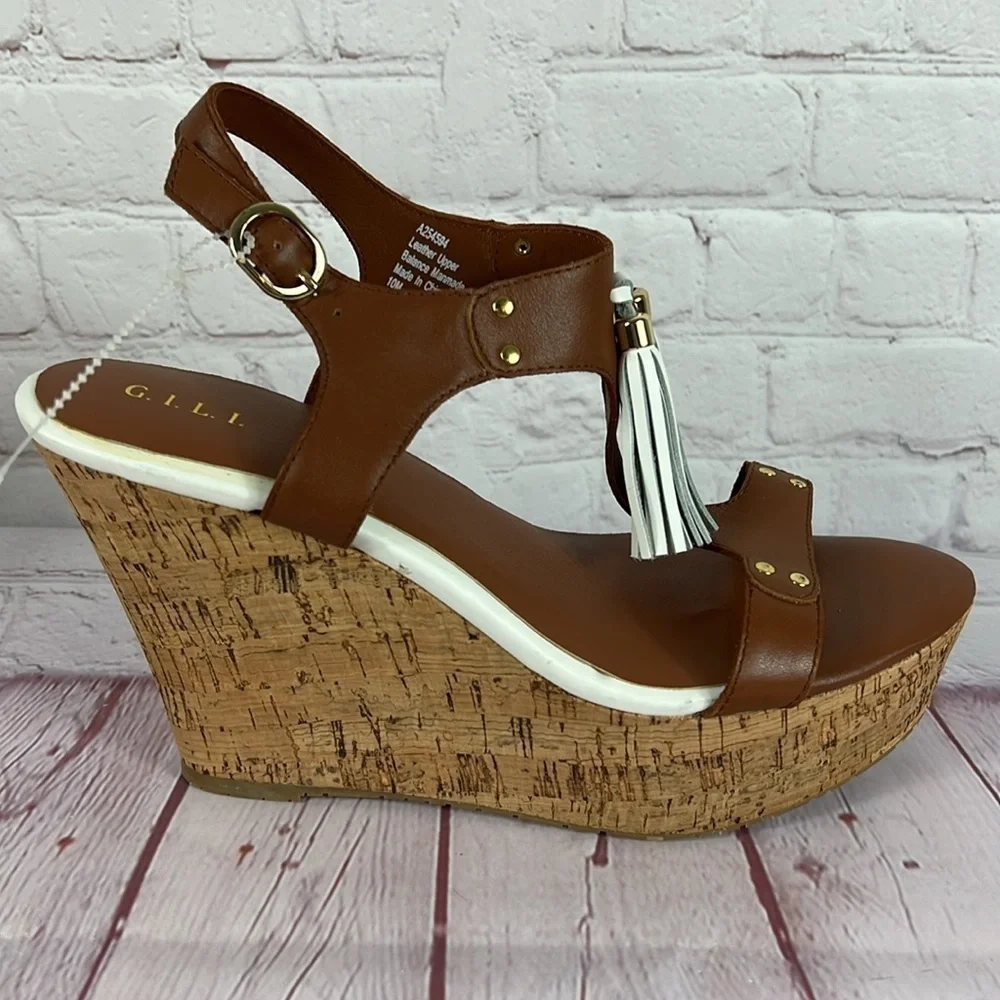 G.I.L.I. Kate Cognac Brown Leather Tassel Wedge Cork Platform Sandal Size 10